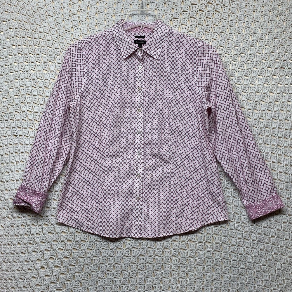 Talbots Blouse Shirt Men 12 Wrinkle Resistant Button Up Pink Geometric Long Slee